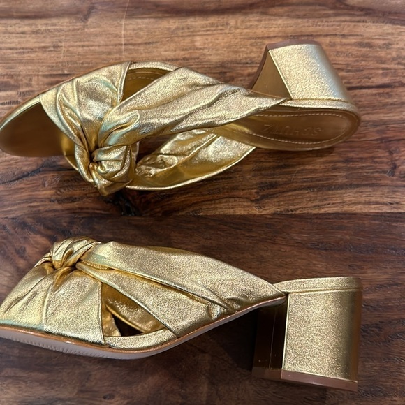 Schutz Mindy Mid Block Gold Metallic Leather Sandals Sz8.5 - Picture 9 of 11